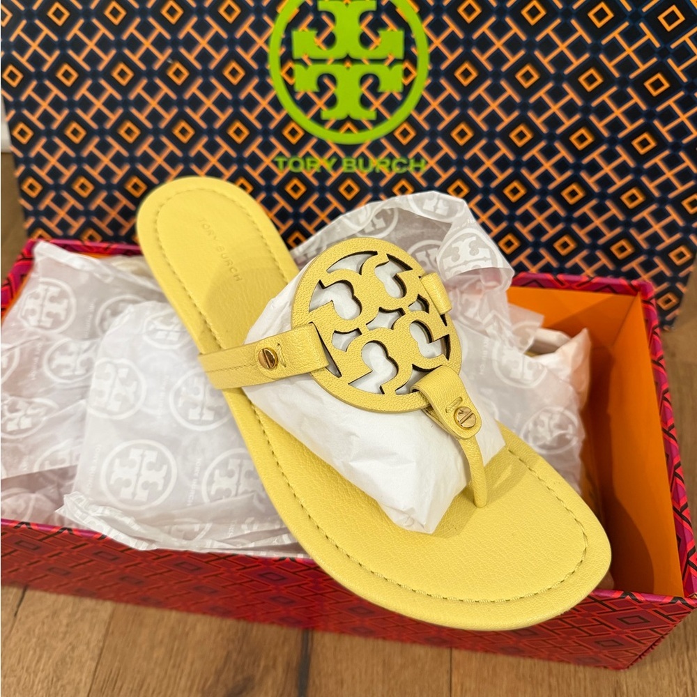 Tory Burch Yellow Logo Leather Thong Sandals